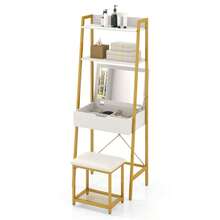 Dressing Table Stool Set With Flip Top Mirror & Hidden Storage For Bedroom - White+Gold - View 2
