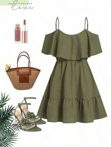 Vestido mini elegante de alta gama, diseño de hombros descubiertos y corte entallado, ideal para vacaciones, uso diario, reuniones y meriendas - Verde militar - Ver 2