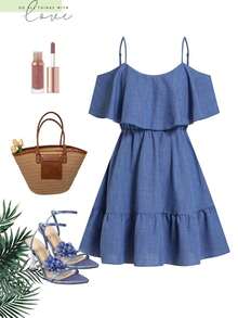 Vestido elegante de moda nuevo para mujeres con escote en el hombro, borde alto y cintura favorecedora, mini vestido ideal para vacaciones, salidas casuales, fiestas, meriendas y talla grande ocasiones de verano - Azul 2 - Ver 3