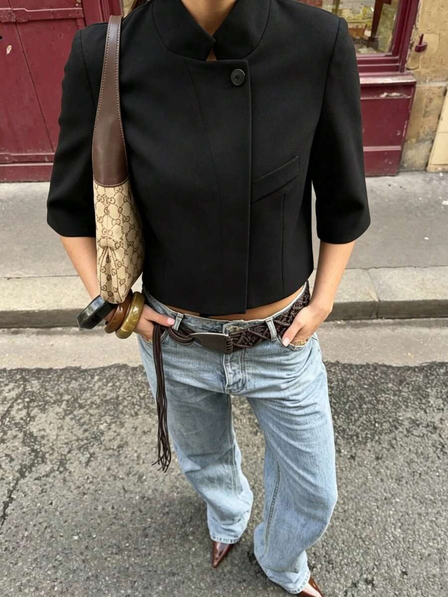 Áo blazer ngắn tay dáng lửng thời trang nữ mùa xuân/thu mới của Camellia, kiểu dáng châu Âu và Mỹ, màu đen, thích hợp cho mùa hè. - màu đen - Xem 1