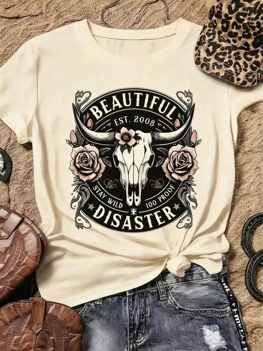 [Entrega Local]Playera Para MujerNuevo Lanzamiento OtoñO-Invierno 2026: Camiseta De Manga Corta Para Mujer Con Cuello Redondo, Cut Relajada Y Estampado De Cabeza De Toro En Un DiseñO Actual. Tejido Ultra Suave Con Gran CaíDa, Ideal Para Looks Urbanos Y Street Style