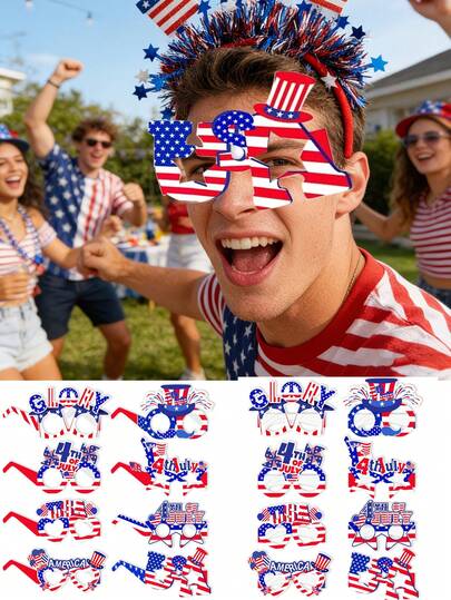8/4pcs Independence Day Paper Glasses Decoration, Featuring A Five-Pointed Star, Windmill, And Liberty Girl Design. Blue, White, And Red US Independence Day Decorations, Independence Day Themed Party Photo Props, Seasonal Decorations, Suitable For Independence Day Decorations And Accessories, July 4th, Independence Day, And Memorial Day. Fun Photo Props And Party Favors.