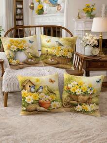 2D Plano 4 piezas Fundas de cojín vintage con flores y pájaros de primavera, fundas de cojín decorativas cómodas en amarillo-verde, impresión de un solo lado, adecuadas para sala de estar, dormitorio, sofá, decoración de cama, rellenos de cojín no incluidos - Mostaza Amarilla - Ver 6