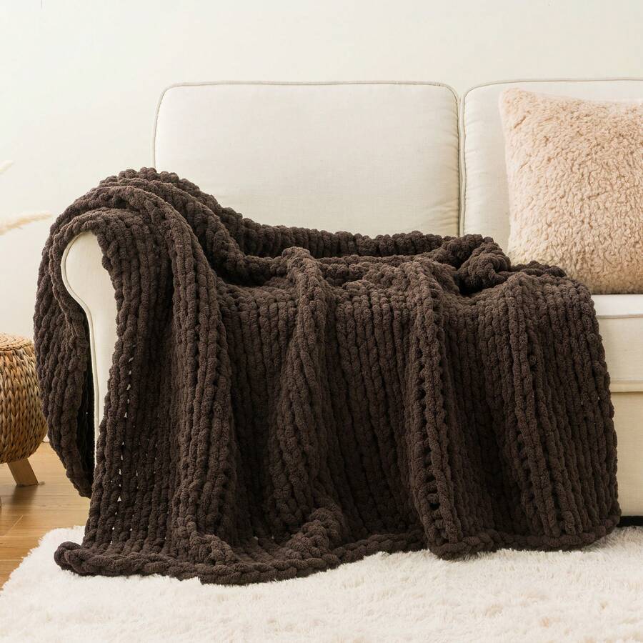 Brown Chunky Knit Throw Blanket For Couch,Handmade Cable Knit Crochet Blanket,Soft Cozy Chenille Throw Blankets For Home Decor,50"X60" - màu nâu - Xem 1