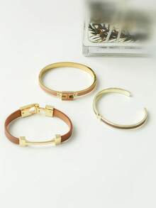 3pcs Fashionable Chic Golden Letter Leather Bracelets, Personalized Accessories Gift For Girlfriend - 3-piece Set - Brown Combination - View 6
