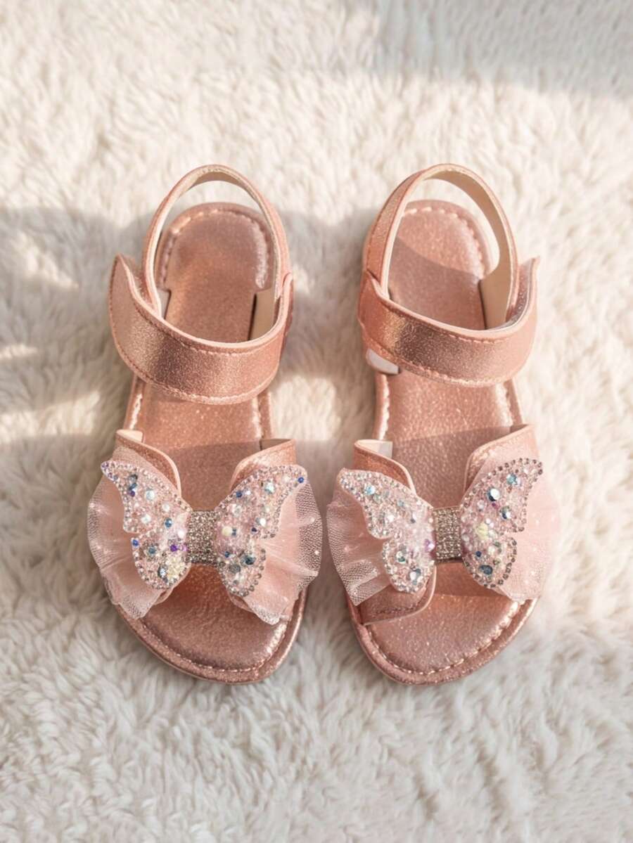Sandal trẻ em màu hồng lấp lấp lánh đính đá 3D hình bướm, quai cài móc, kiểu công chúa ngọt ngào, dành cho bé gái từ 3-12 tuổi. - Hồng - Xem 1