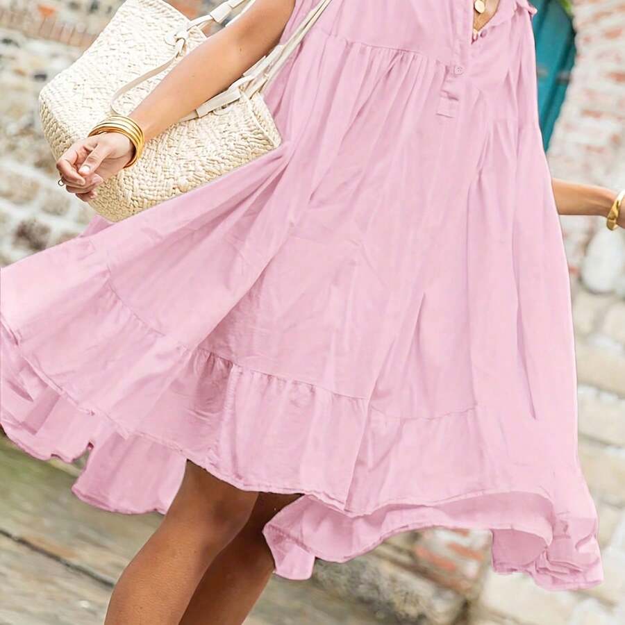 Plus Size - Plus Size - Ladies A Babydoll Dress, Blue Dress, Summer Elegant Dress, Vacation Style Dress, Ladies Dress, Casual Elegant Dress 007 - 粉色 - 查看 1