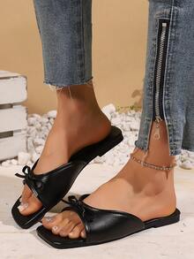 Women's Flat Sandals 2026 New Summer Fashion Bow Square Toe Comfortable Outdoor Home Travel Beach Slides - Black - View 4