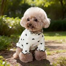 1 pieza Camiseta para mascotas con patrón de corazón de punto elástico, ropa linda tipo chaleco adecuada para perros y gatos - Beis - Ver 4