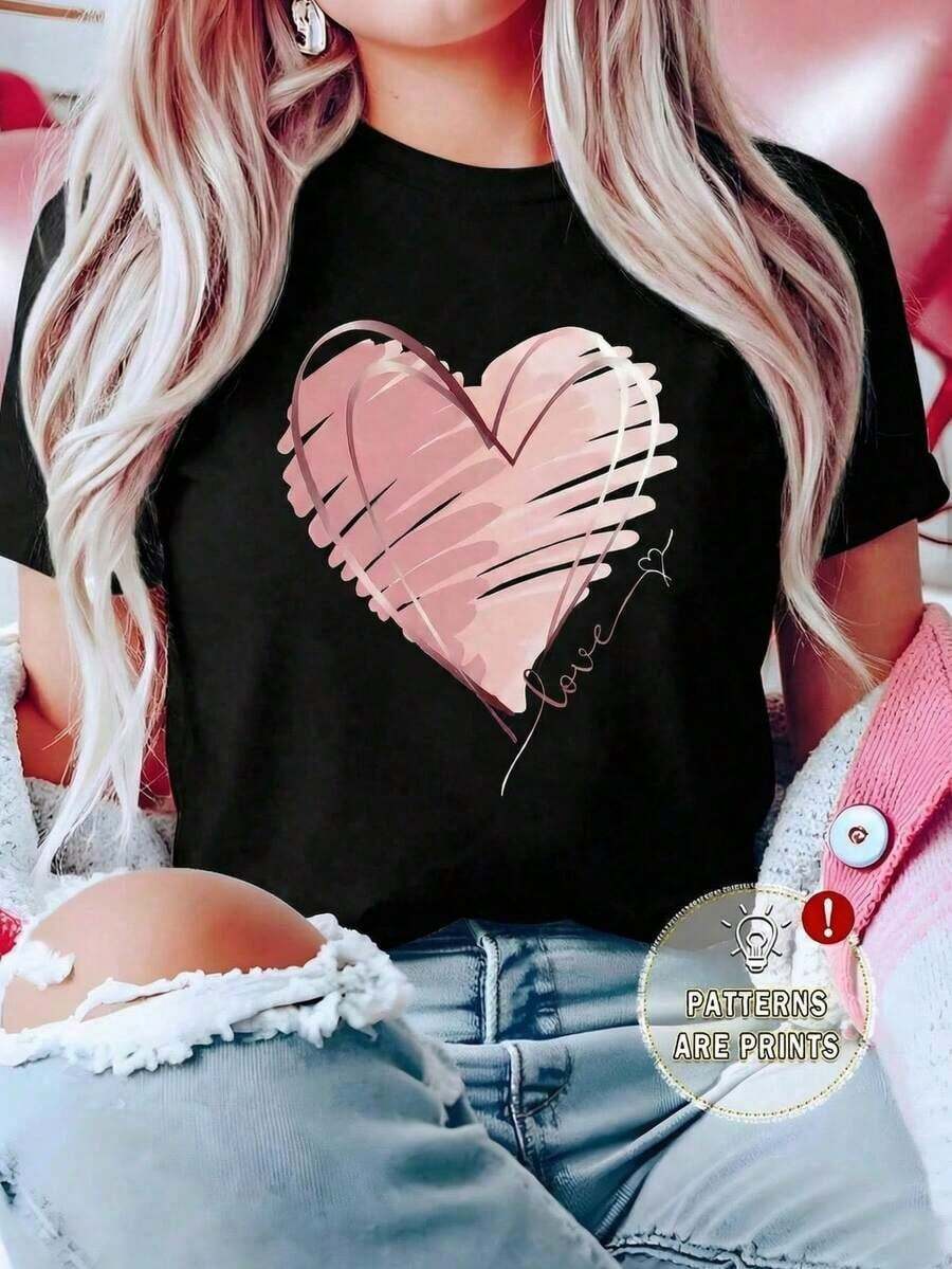 Camiseta Casual de Manga Corta con Cuello Redondo y Estampado de Corazón Rosa para Mujer |   Diseño exquisito |   Suelto y cómodo |   Fácil de combinar | - Negro - Ver 1