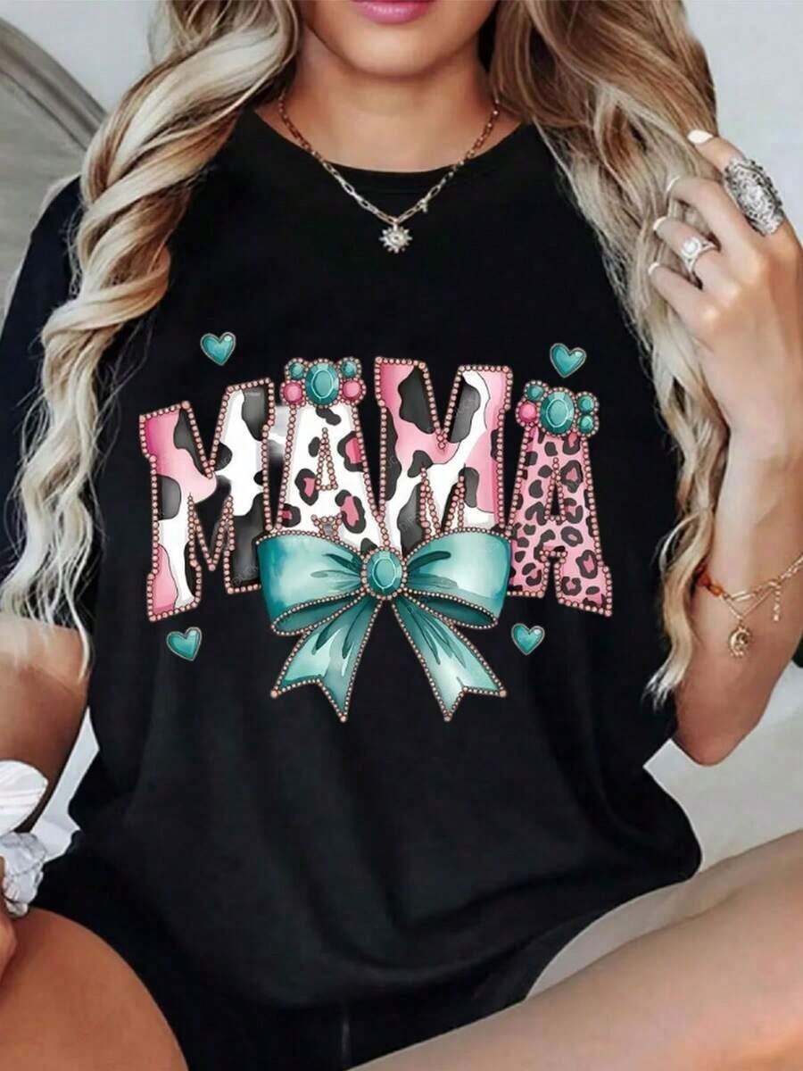 Víspera de Viernes, Día de la Madre, Ropa de Mujer, Camiseta de Mujer, Top Casual de Manga Corta con Cuello Redondo, Tejido de Elasticidad Media, Lavado a Máquina, Ajuste Cómodo para Todas las Temporadas, Camiseta de Mujer, Camiseta con Estampado Plano 2D Único, Uso Diario - Negro - Ver 1