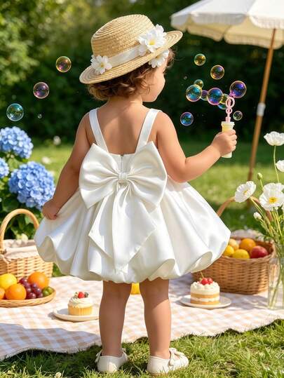 女婴可爱优雅蝴蝶结花苞连衣裙，公主裙，适合花童、生日派对、婚礼、宴会、度假等场合。