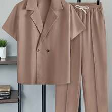 Men's Four-Season Suit Lapel Double-Breasted Casual Short-Sleeve Shirt + Flowing Casual Drawstring Slant Pocket Loose Trousers Set - Nâu nhạt-1 - Xem 1