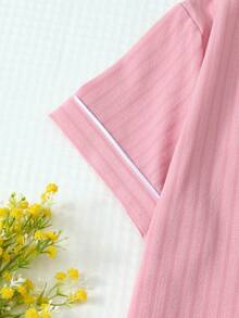 2pcs Comfortable Striped Print Short Sleeve Polo Collar Top And Bow Shorts Pajama Set For Women, Spring/Summer - Pink - View 4