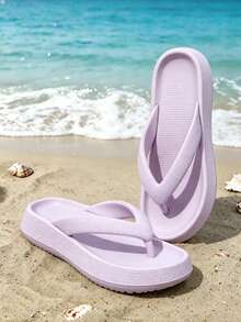 New Summer Solid-Color Flip-Flops For Women And Lightweight EVA Platform Slippers For Men. The Shoes Feature Non-Slip Textured Soles, Skin-Friendly And Comfortable Thong Straps, Soft Cushioned Soles, Versatile Style, And Are Available In Plus Sizes. Ideal For Beach Outings, Casual Wear, And Daily Summer Use. - 紫色 - 查看 4