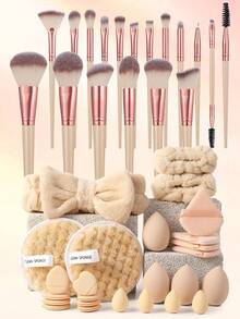 43件套化妆工具套装包括：18套化妆刷+4个三角粉扑+4个化妆海绵+4个迷你化妆海绵+8个迷你指套粉扑+2个手碗带+1个发带+2个洁面海绵 - 米色 - 查看 8
