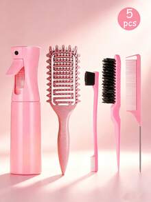 Set de 3 piezas/5 piezas Cepillo de pelo con onda de ocio y botella rociadora, herramientas de peinado, mango de plástico ABS, diseño hueco, duradero, adecuado para uso diario, peinado regular - Multicolor - Ver 6