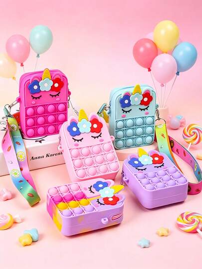 1pc Adjustable Strap Colorful Cartoon Design Silicone Crossbody Bag For Teenagers, Zipper Closure, Unicorn Shaped Wallet, Silicone Material