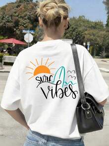 女士圆领短袖T恤，夏季新款樱花图案字母印花，休闲宽松百搭上衣，时尚日常穿搭 - 白色 - 查看 6