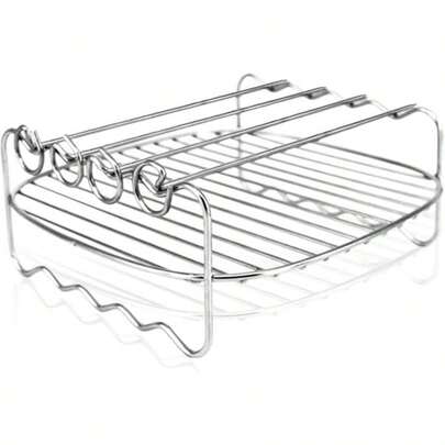 8-Inch Double-Layer Stainless Steel Air Fryer Rack With 4 Skewers, Stackable Cooking Rack For Large Air Fryers, Dishwasher-Grill Rack For Kebabs, BBQ, Chicken, Veggies, Baking, Roasting & Kitchen Cooking