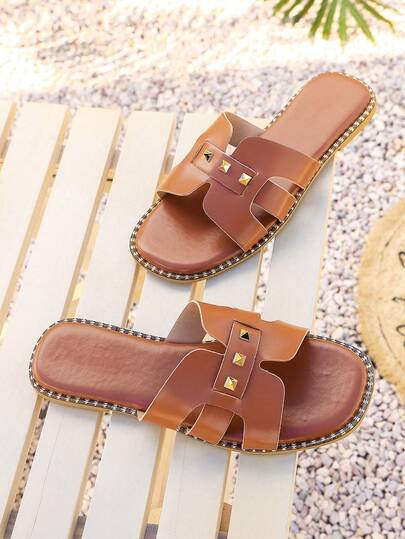 Women's Open Toe Flat Sandals, Brown Faux Leather With Metal Rivets, Casual Summer Beach Travel Shoes