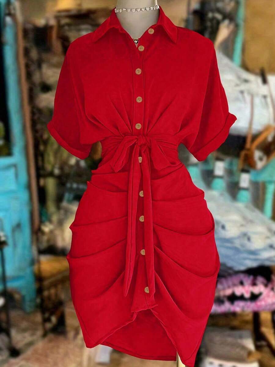 Vestido camisero de mujer de unicolor, con un solo abotonado, nudo y pliegues, para uso casual, de fiesta o de viaje - Rojo - Ver 1