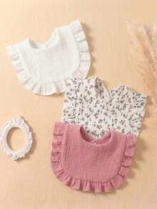 3pcs Newborn Floral Muslin Bibs, Soft & Skin-Friendly Baby Drool Bibs With Ruffled Edge, Suitable For Daily Use In All Seasons - Multicolor - View 3