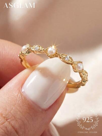1pc Delicate Small Pearl & Zirconia Ring, 925 Sterling Silver Single Ring, Exquisite Jewelry, Birthday/Prom Gift For Her