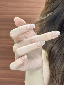 10片装短方形手工按压式美甲，裸粉色猫眼图案，带闪亮法式尖和水钻链，100%纯手工绘制，可重复使用，适合女性日常佩戴 - 彩色 - 查看 4