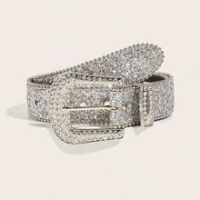 1pc Rivet Decor Rhinestone Embellished Fashionable Wide Metal Belt, Suitable For Daily Wear - Silver - View 2