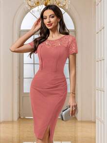 MIUSOL Vintage Sequin Floral Lace Wrap Hem Cocktail Party Bodycon Dress,Summer Dress,Office Wear For Women Elegant - Dusty Pink - View 4