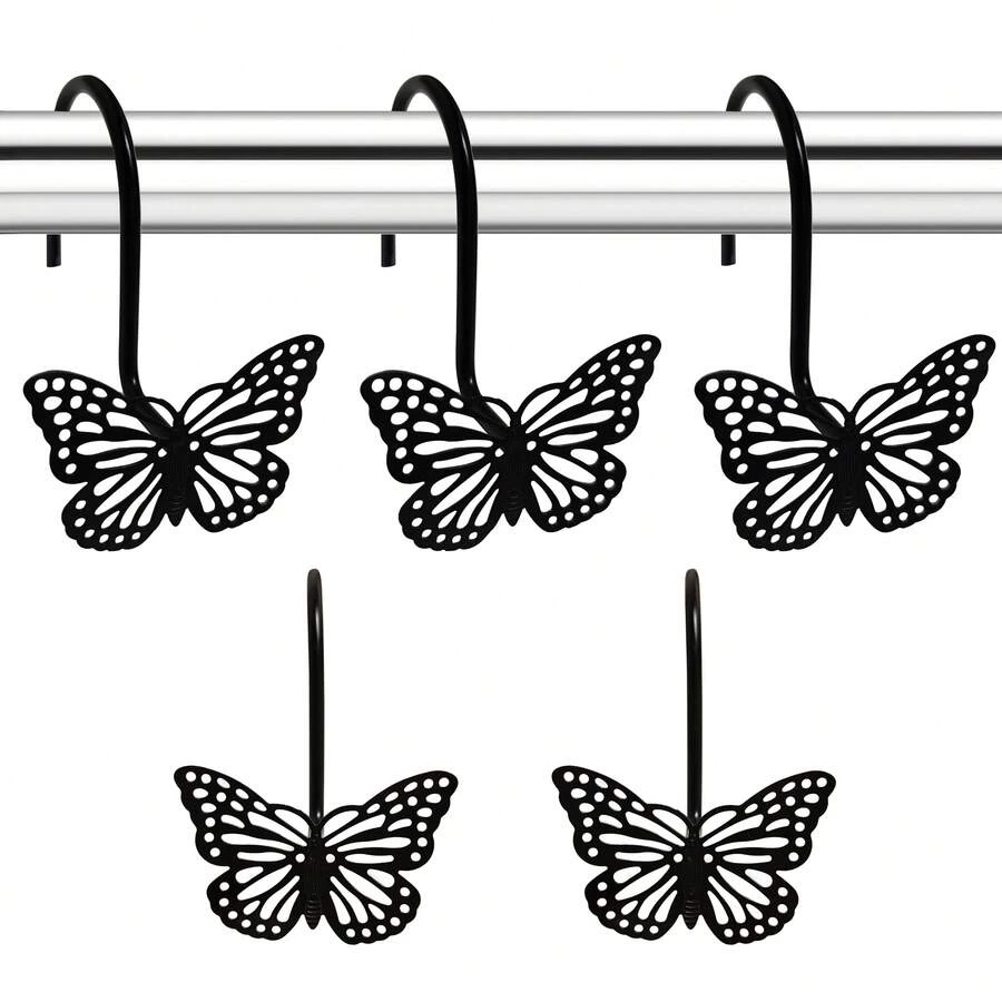 12pcs Black Hollow Metal Butterfly Shower Curtain Hooks, Decorative For Bathroom & Bedroom