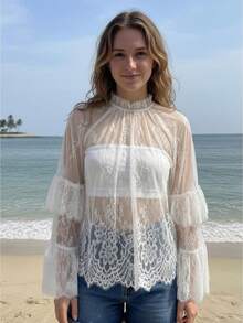 Blusa de encaje para mujer, cuello alto, acampanada, manga larga, volantes, decoración, moda, transparente. - Blanco - Ver 1