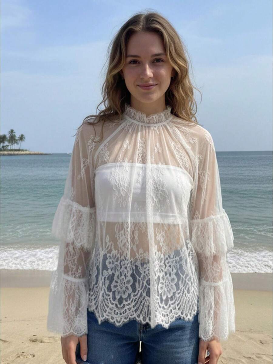 Blusa de encaje para mujer, cuello alto, acampanada, manga larga, volantes, decoración, moda, transparente. - Blanco - Ver 1