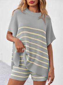 Women's Striped 2 Piece Outfits Oversized Batwing Short Sleeve Tops High Waisted Shorts Summer Knit Lounge Short Sets - Light Grey - View 2