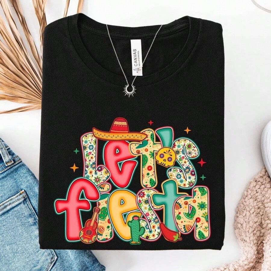 1 Pc Women's And Men's Let's Fiesta Shirt, Cinco De Mayo T-Shirt, Mexican Fiesta Party Tee, Cute Sombrero Cactus Graphic Shirt, Mexican Party Sweatshirt For Father's Day And Mother's Day Gifts - 黑色 - 查看 1