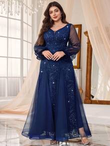 Plus Size Deep V-Neck Sequin Floral Lace Contrast Mesh Mermaid Ruffle Hem Evening Party Dress, Wedding Guest Dress Elegant - Navy Blue - View 7