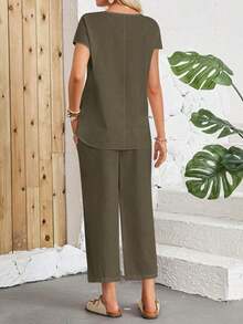 Conjunto Dos Piezas Mujer Blanco, Blusa Cuello Redondo Mangas Cortas Holgada, Pantalones Largos Anchos Culotte, Tejido De Lino Ligero Fresco Transpirable, Estilo Minimalista Boho Natural Chic Ideal Para Looks Diarios Veraniegos Y Vacaciones - Verde militar - Ver 2
