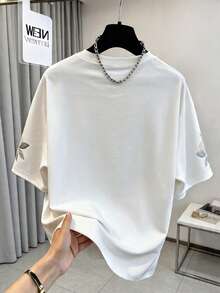 Plus Size Round Neck Short Sleeve T-Shirt, Decorated With Embroidered Butterflies And Floral Pearls - White - View 2