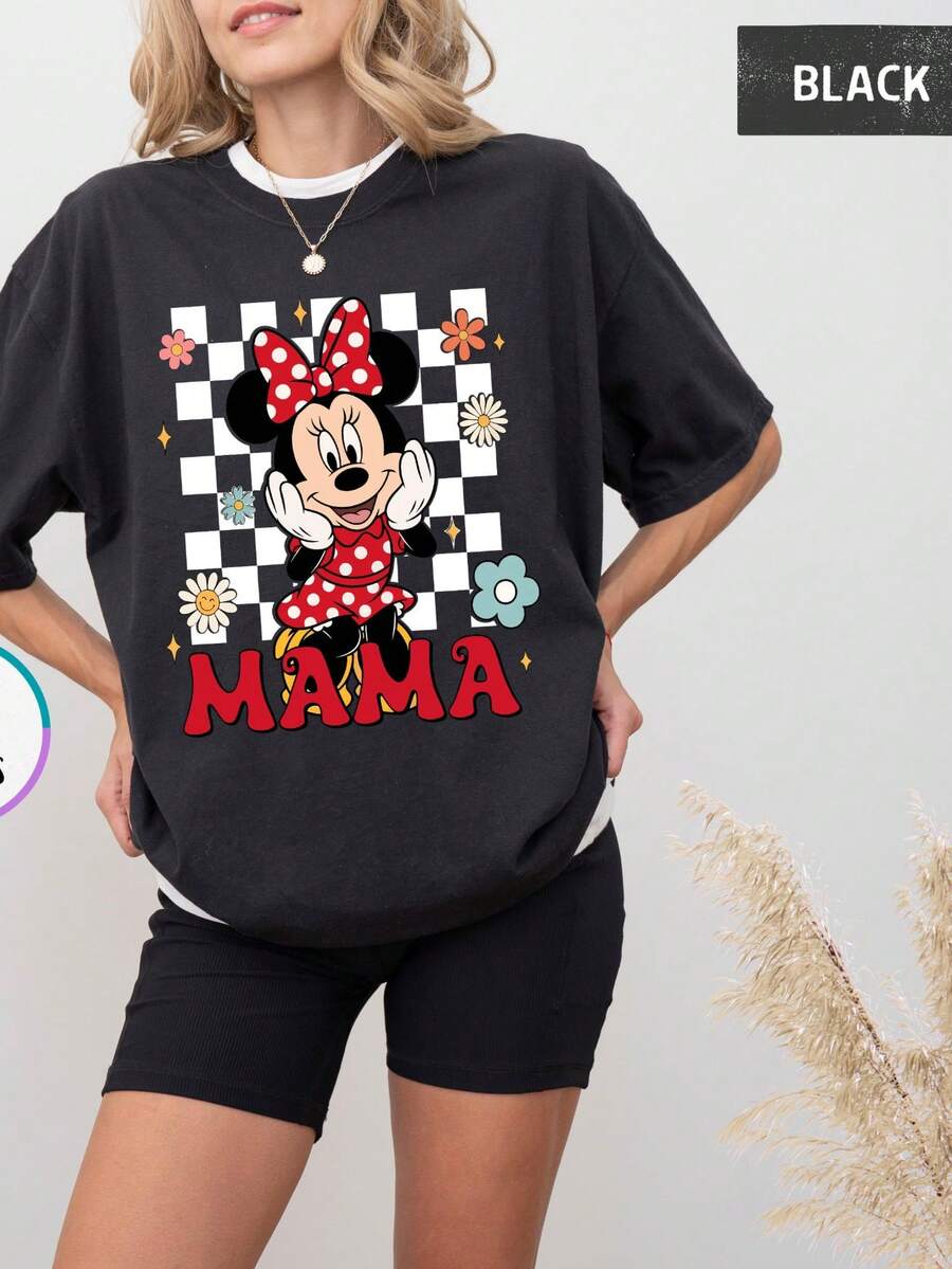 Loose Oversize Minnie Mama Shirt, Disney Mother's Day T-Shirt, Checkered Minnie Mouse Mama Tee, Floral Mama Shirt, Disneyland Mom Trip Tee - Black - View 1