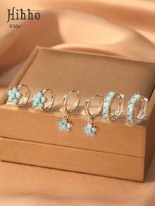Hihho 6 Pieces Simple & Fashionable Shiny Flower Pendant Earring Set With Full Zirconia Inlay - Luxury Jewelry Ear Accessories Gift Valentines,Mom,Mother,Mother's Day,Gift - Xanh ngọc lam - Xem 5