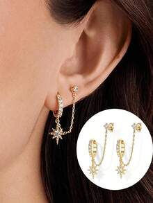 1 đôi bông tai hình ngôi sao đính đá Cubic Zirconia cao cấp, kiểu dáng cổ điển dành cho nữ, dây chuyền đính đá Zirconia, bông tai đinh tán có thể xếp chồng lên nhau, mạ vàng, phụ kiện trang sức dự tiệc. - Bông tai hình ngôi sao - Xem 7