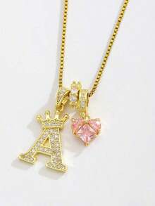 1pc Minimalist Luxury Cubic Zirconia Pink Heart Gemstone Personalized Crown Letter Pendant Necklace, Stainless Steel Material, Suitable For Women's Daily Wear, Valentine's Day/Birthday Gift - 黃金2 - 查看 5