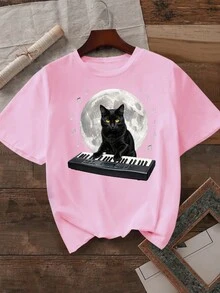 Black Cat Playing Keyboard Under Moon 180g Milk Silk Double Grinding Women's T-Shirt,Comfortable,Suitable,Casual Versatile Tops, Street Wear, Daily Outfits, Free Shipping - 粉色 - 查看 4