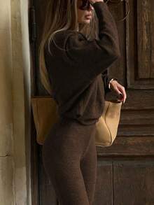 Women's Casual Long Sleeve Top And Flare Pants Two Pieces Set, Street Style For Daily Wear, Spring/Summer Black - Brown - View 2