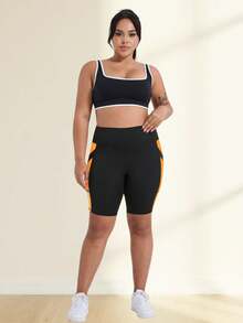 Women's Plus Size Spring/Summer New High Waist Butt Lifting Fitness Shorts, Cycling Shorts, Sports Tight Shorts, High Waist Yoga Shorts, Contrast Color Design, With Pockets, Suitable For Sports, Running, Fitness And Various Occasions - Orange - View 8