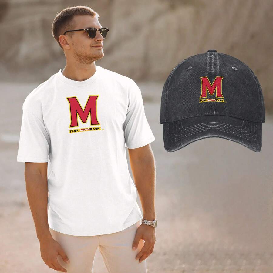 Maryland Terrapins Logo Men's Summer Round Neck Short-Sleeved Casual T-Shirt, Men's Summer Streetwear Washed Baseball Cap, Trucker Cap, Dad Hat, Suitable For Outdoor, Travel, Hiking, Beach - trắng - Xem 1