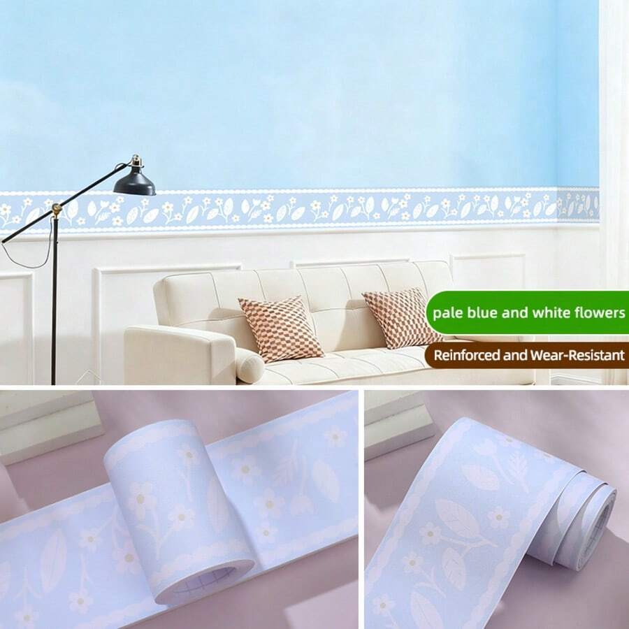 Self-Adhesive Ceramic Tile Trim Sticker, Decorative Wall Border For Kitchen, Bathroom, Waterproof Baseboard - Light Blue and White Flowers - View 1