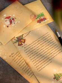 Bộ 6 giấy viết thư Kraft phong cách retro kèm phong bì, in hình ông già Noel và người tuyết, thích hợp làm quà tặng Giáng sinh cho bạn bè, gia đình và người thân. - 6 tờ giấy khổ A4 - Xem 2