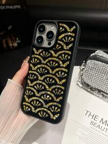 1pc Black Gold Spray Oil Skin Feel Rhinestone Wavy Flower Mirror Inlaid Shockproof 2-In-1 Phone Case Suitable For 14promax/17promax/15promax - Black and Gold - View 5